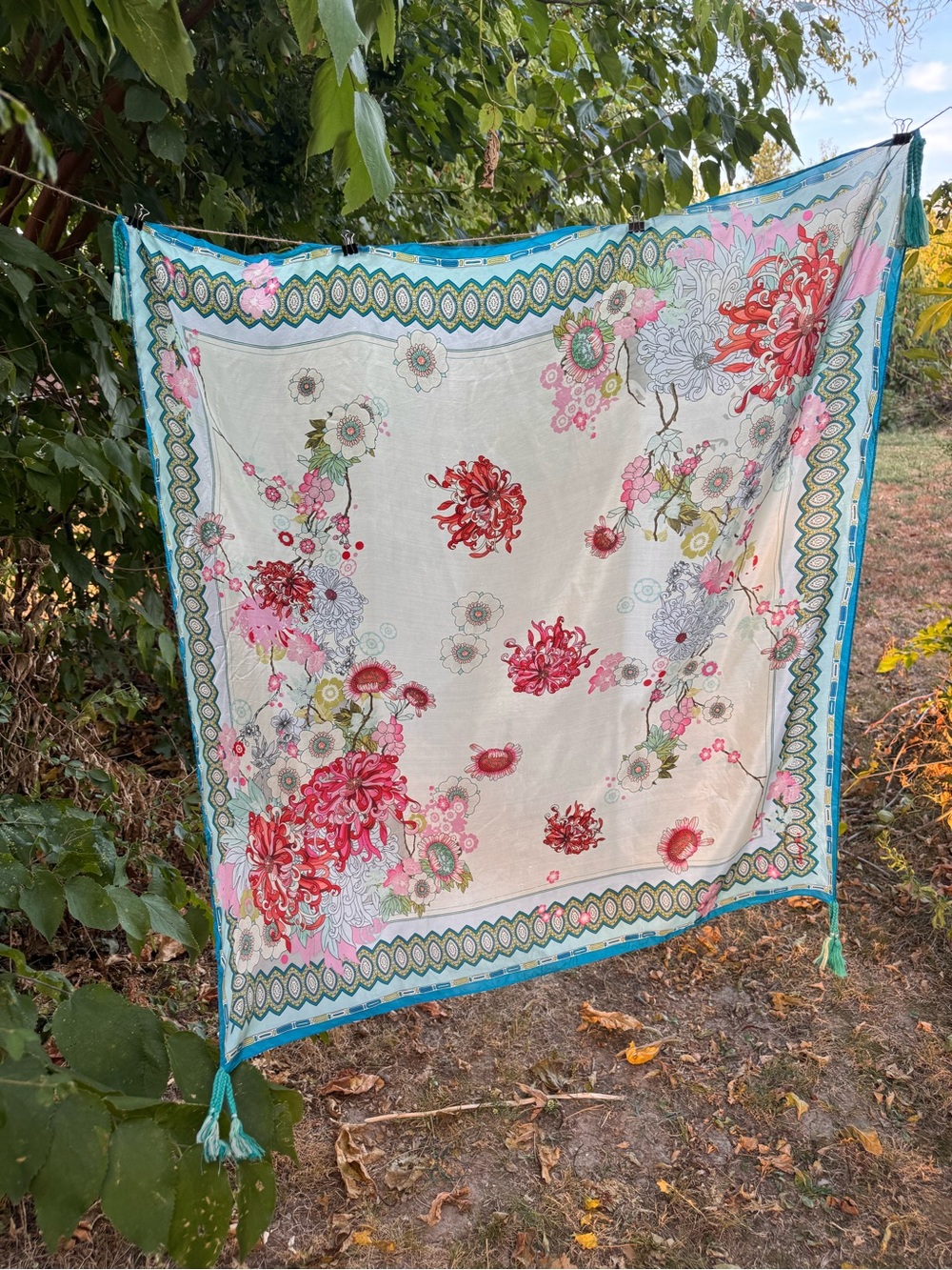 42” Oversized Floral Square Scarf Shawl Turquoise Tassels Boho Statement